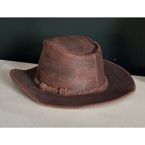 VTG Minnetonka Brown Cowboy Hat Mens Genuine Leather Braided Band USA Made 7 1/4